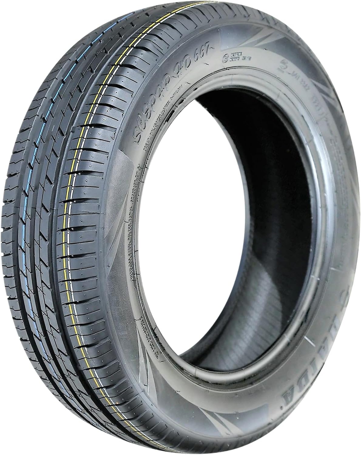 Haida all-season passenger tire, ribbed tread with dense siping and a yellow paint stripe across the shoulder